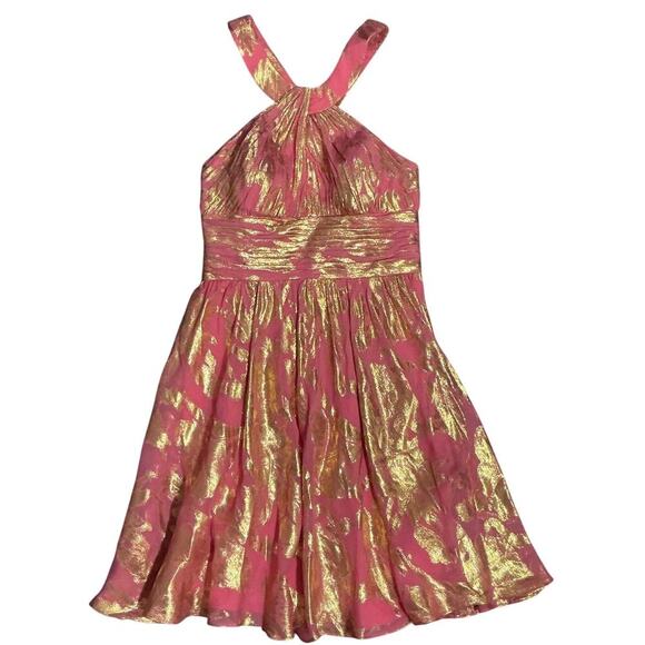 Aidan Mattox Silk Metallic Halter Cocktail Dress Pink Gold Size 6 - Picture 2 of 11